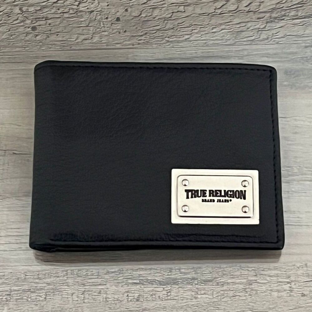 True Religion Men's Black Leather Bi-Fold Wallet RFID Protection